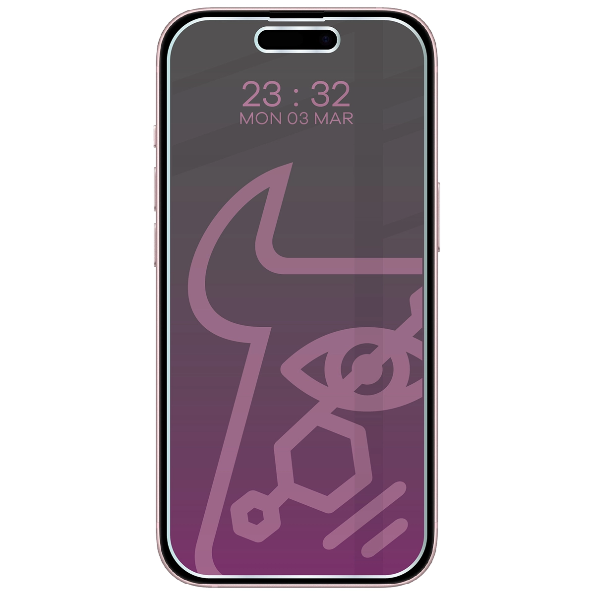 Wizualizacja szkła Hybrid Shadow nałożonego na telefon iPhone 15